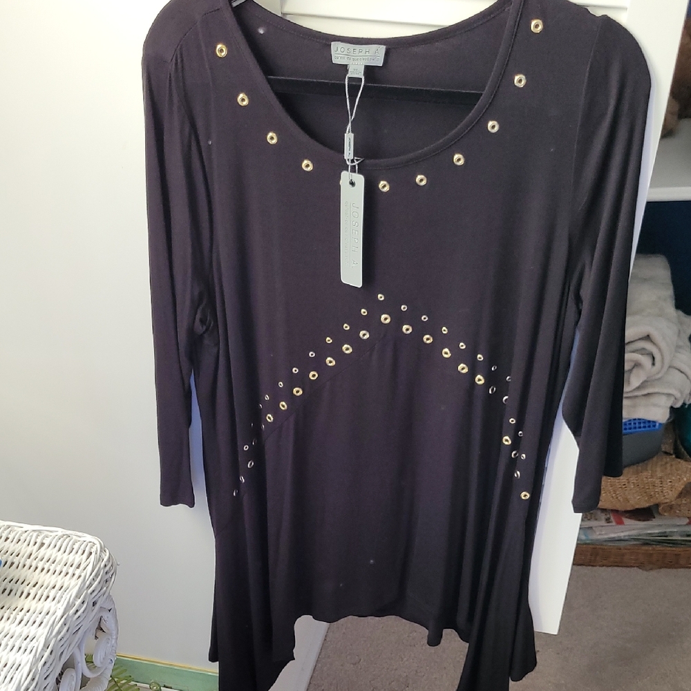 Joseph A. Black W/Gold Embellished Front Asymmetrical Tunic 3/4 Sleeve XL
